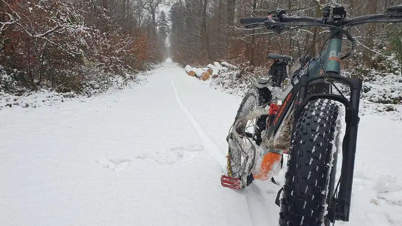 Ein Mountainbike auf Waldweg im Schnee, im Hintergrund Wald - JobRadmoment eines Jobradlers